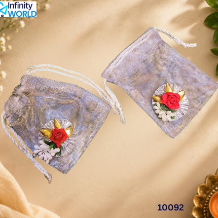 Silver Red Flower Coin Pouch (Set Of 2) - (10092)