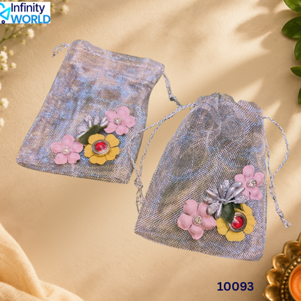 Silver Yellow Flower Coin Pouch (Set Of 2) - (10093)