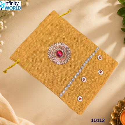 Yellow Jute Gota Flower Potli - (10112)