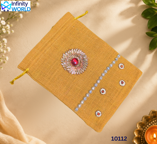 Yellow Jute Gota Flower Potli - (10112)