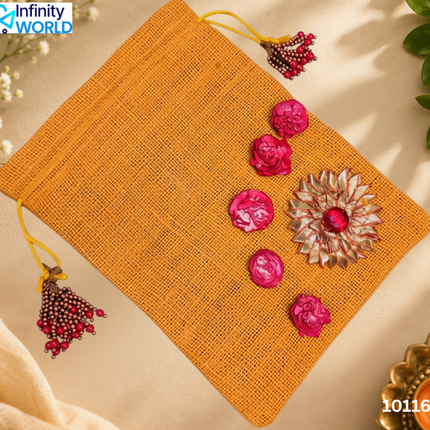 Yellow Jute Gota Red Flower Potli - (10116)