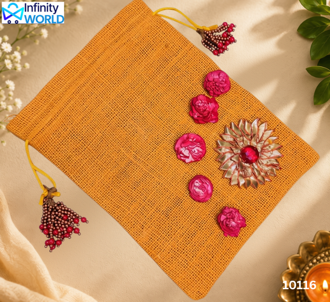 Yellow Jute Gota Red Flower Potli - (10116)