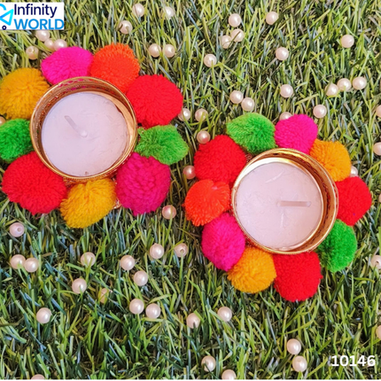 Multicolour Pom Pom Tea Light Candle (Set Of 2) - (10146)