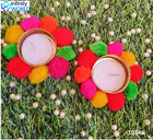 Multicolour Pom Pom Tea Light Candle (Set Of 2) - (10146)