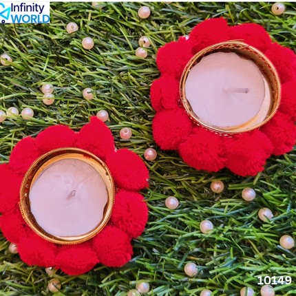 Red Pom Pom Tea Light Candle (Set Of 2) - (10149)