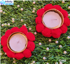 Red Pom Pom Tea Light Candle (Set Of 2) - (10149)