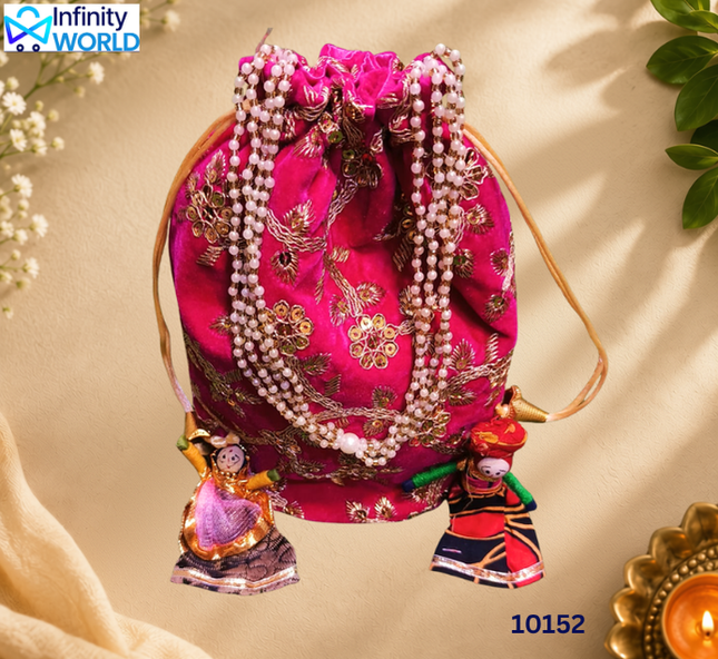 Pink Jari Work Potli With Moti Handle And Puppets - (10152)