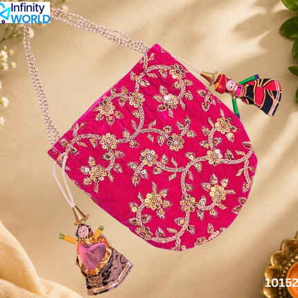 Pink Jari Work Potli With Moti Handle And Puppets - (10152)