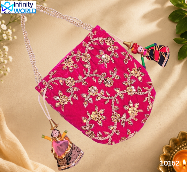 Pink Jari Work Potli With Moti Handle And Puppets - (10152)