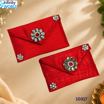 Red Small Coin Pouch With 3 Flowers (Set Of 6) - (10317)