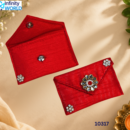 Red Small Coin Pouch With 3 Flowers (Set Of 6) - (10317)