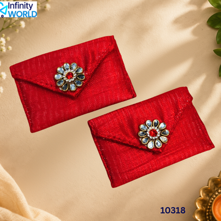 Red Small Coin Pouch With 1 Flower (Set Of 6) - (10318)