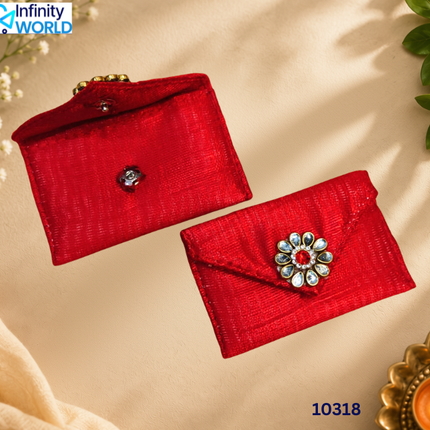 Red Small Coin Pouch With 1 Flower (Set Of 6) - (10318)