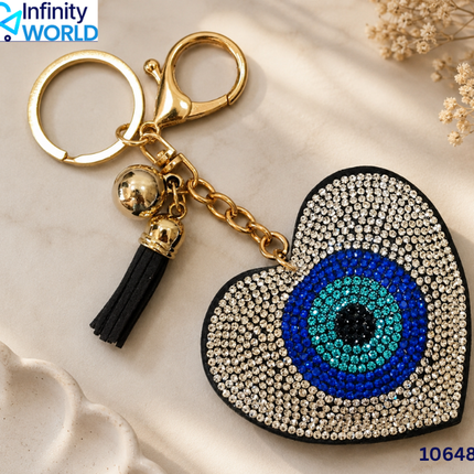 Rhinestone Evil Eye Heart Keychain - (10648)