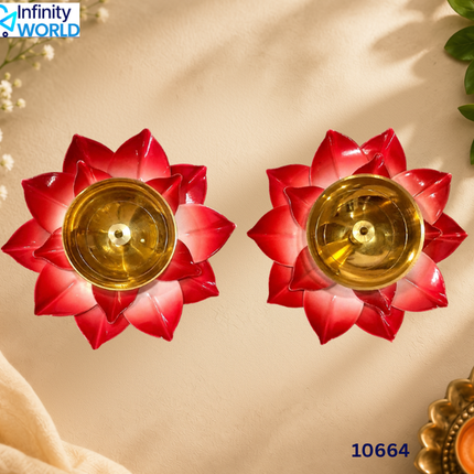 Brass Red Lotus Diya - (10664)