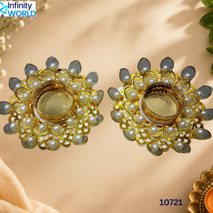 Golden Pearl Leaf Flower Candle Holder (Set Of 2) - (10721)