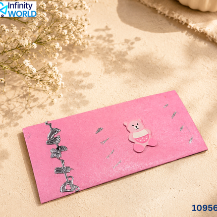 Pink Teddy With Glitter And Silver Lace Envelope - (10956)